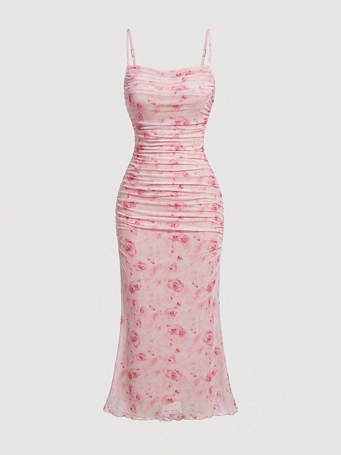 MOD Floral Print Ruched Lettuce Trim Mesh Slim Fit Valentine Day Pink Cami Dress,Summer Dresses for Women