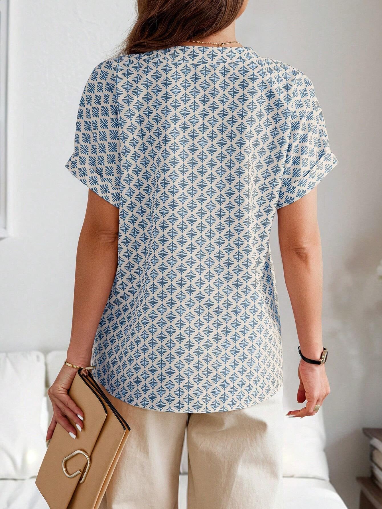 Rafferiza Summer Casual Allover Print Notched Neck Batwing Sleeve Shirt