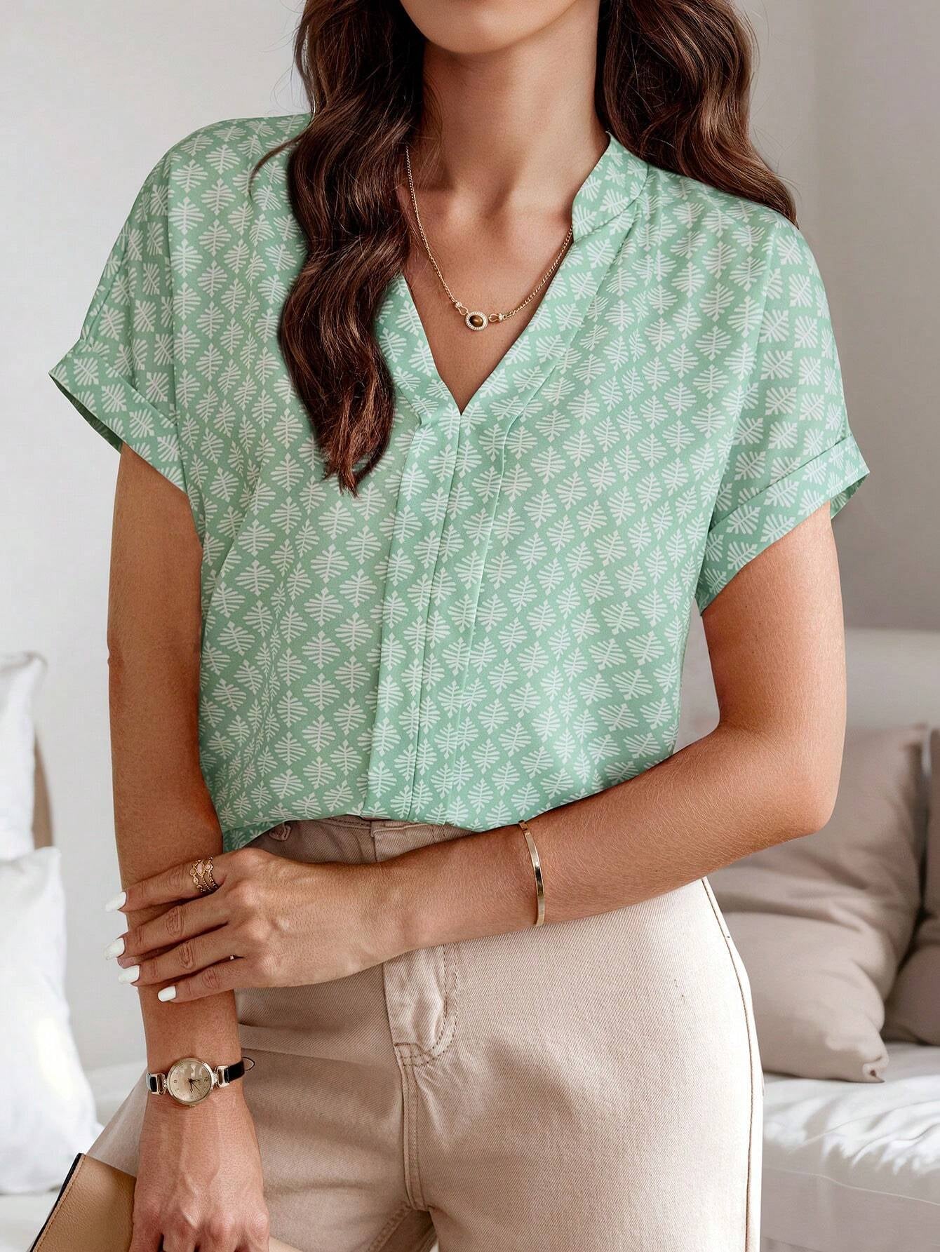 Rafferiza Summer Casual Allover Print Notched Neck Batwing Sleeve Shirt