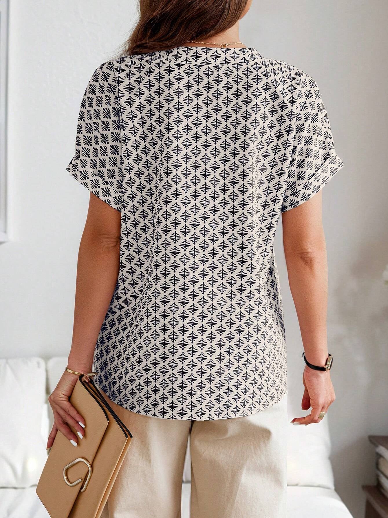 Rafferiza Summer Casual Allover Print Notched Neck Batwing Sleeve Shirt