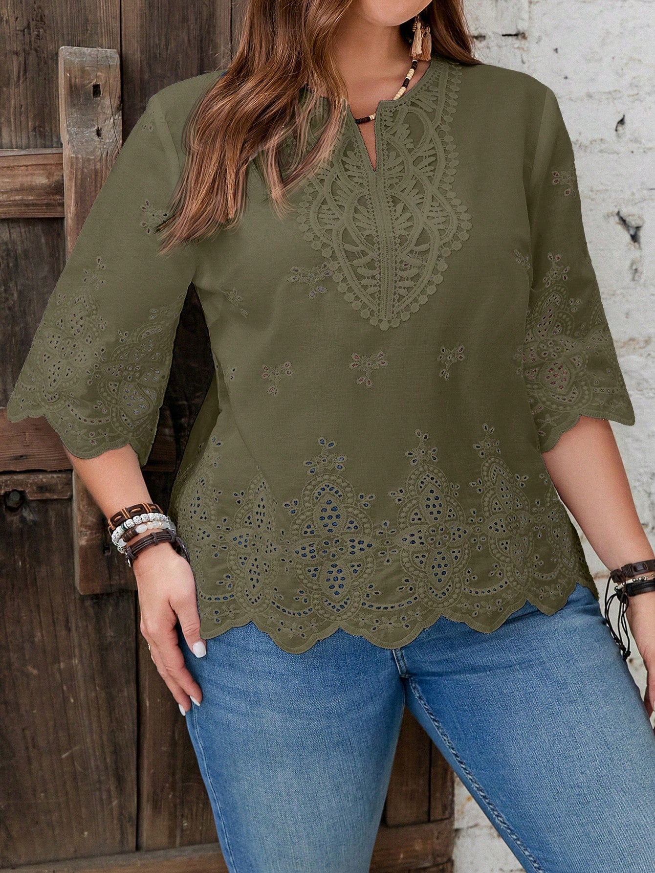 EMERY ROSE plus Size Summer Eyelet Embroidery Blouse