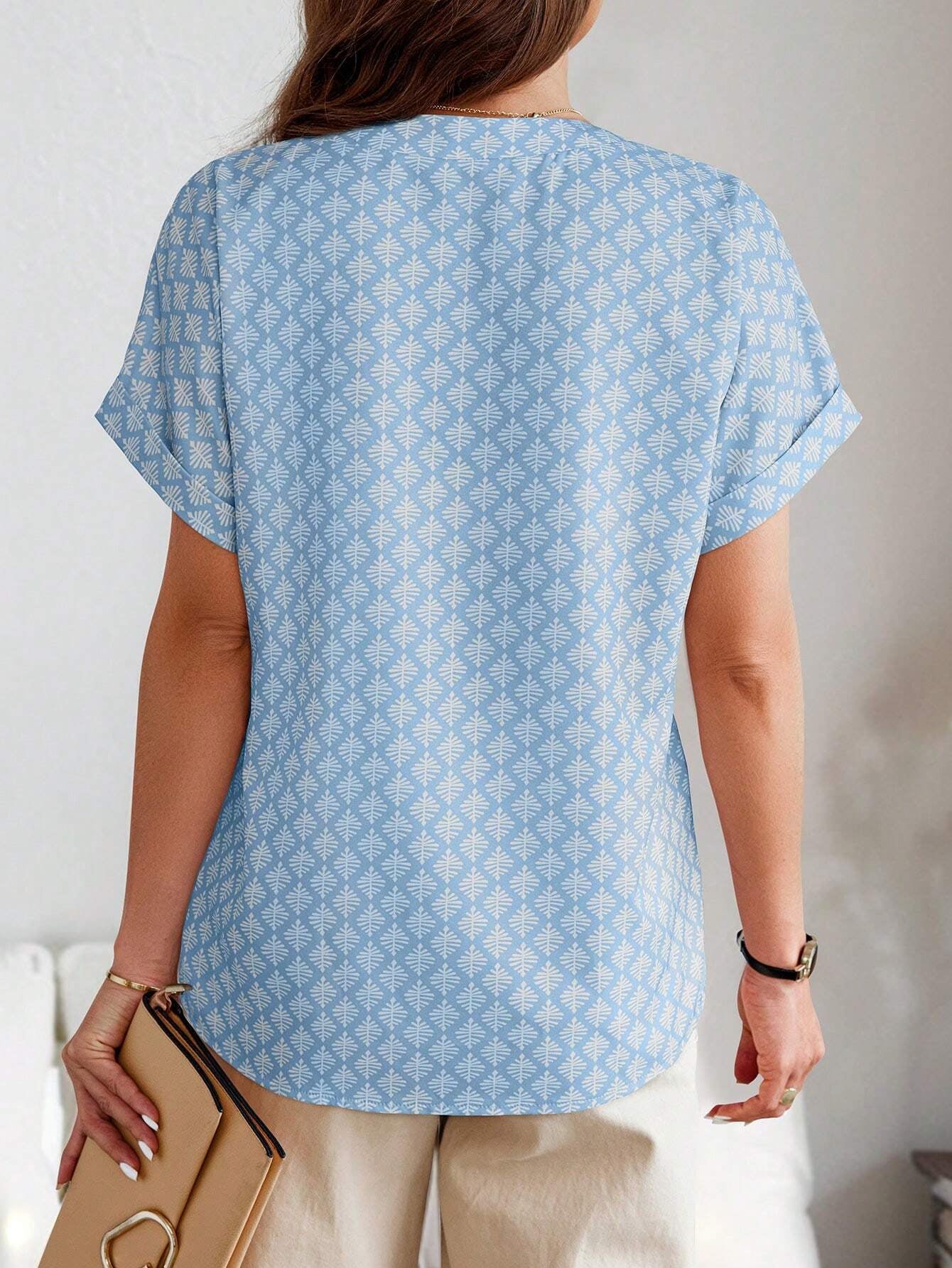 Rafferiza Summer Casual Allover Print Notched Neck Batwing Sleeve Shirt