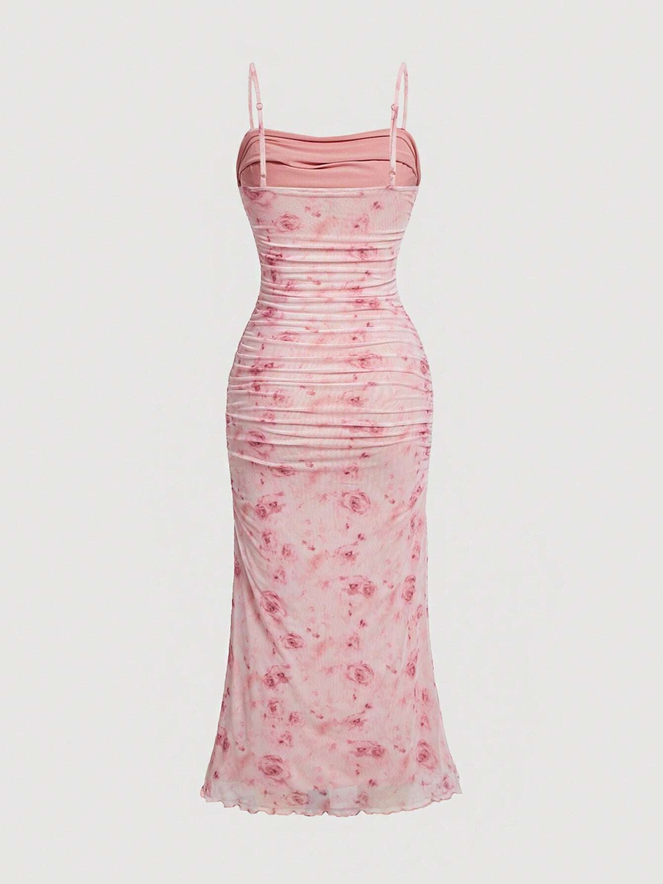 MOD Floral Print Ruched Lettuce Trim Mesh Slim Fit Valentine Day Pink Cami Dress,Summer Dresses for Women