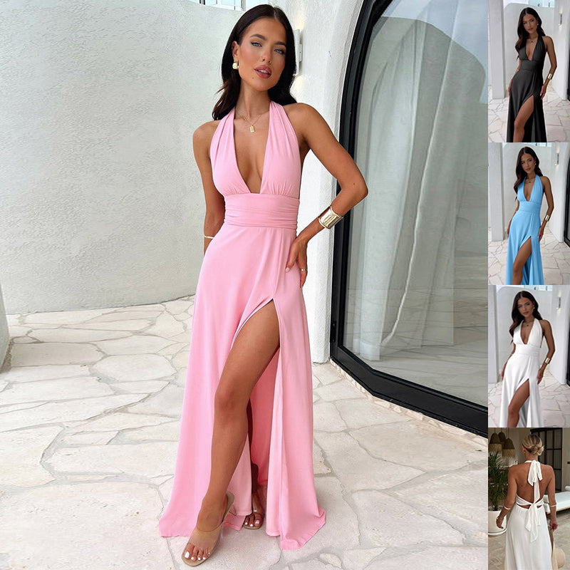 Sexy Halterneck V-Neck Slit Dress Summer Backless Strappy Skirt Fashion Temperament Clothing Women