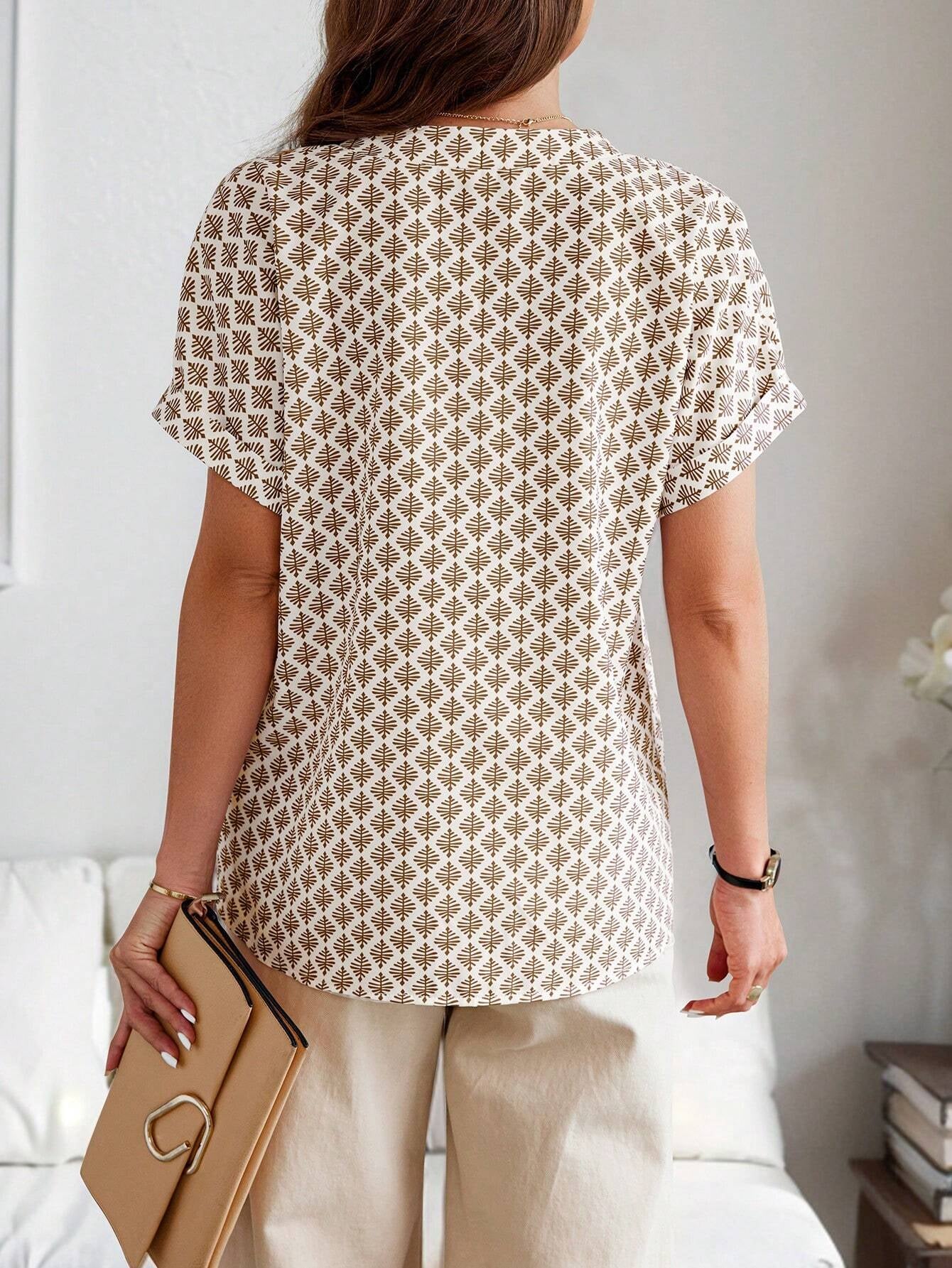 Rafferiza Summer Casual Allover Print Notched Neck Batwing Sleeve Shirt