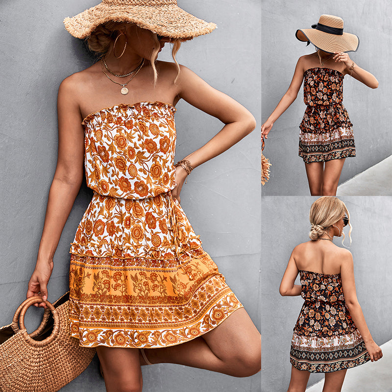 Women'S Bohemian Floral Print Strapless Dress Summer Beach Dress
