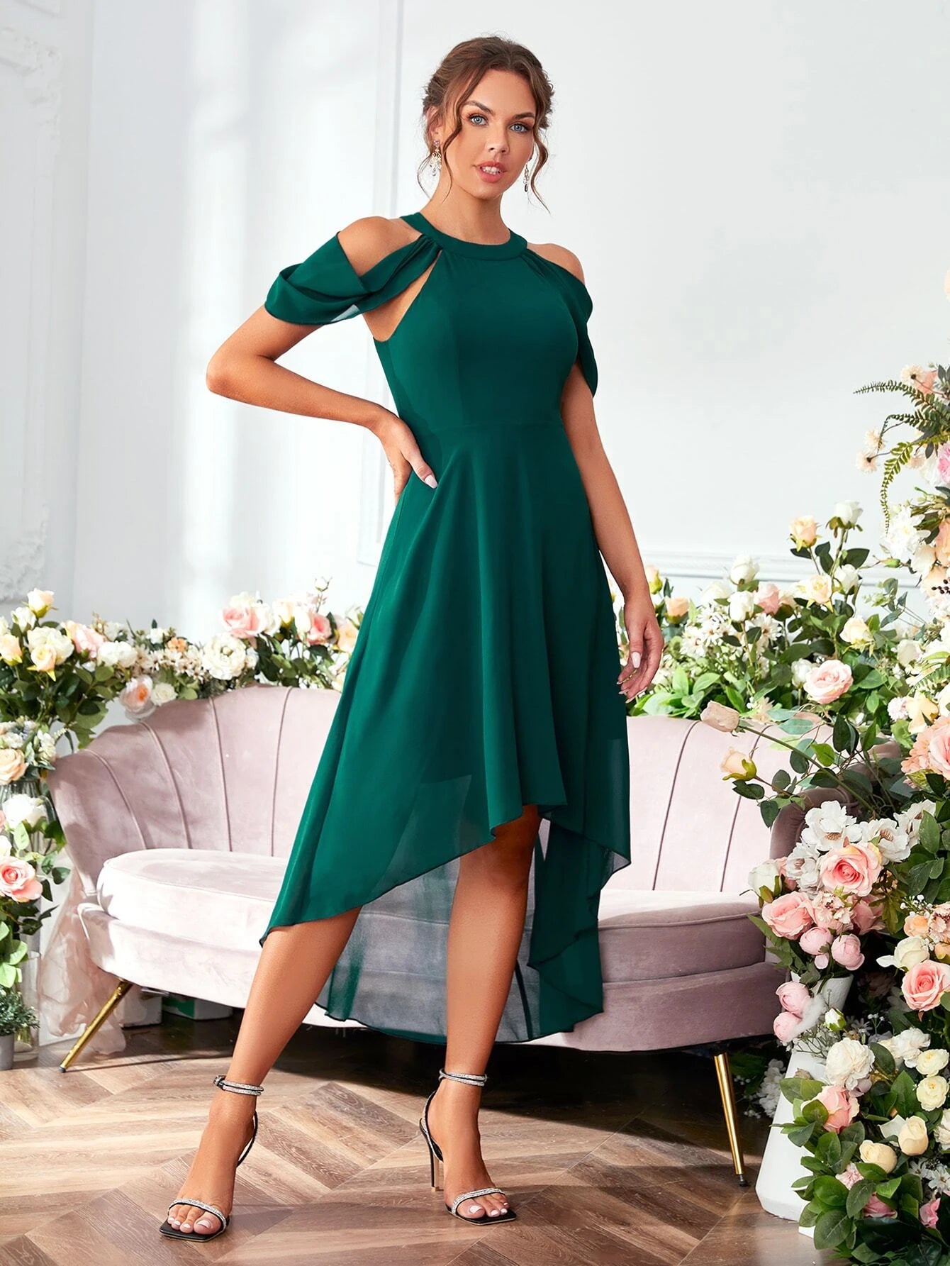Belle Cold Shoulder High Low Hem Chiffon Bridesmaid Dress, Semi Formal Dress Elegant Dress for Christmas
