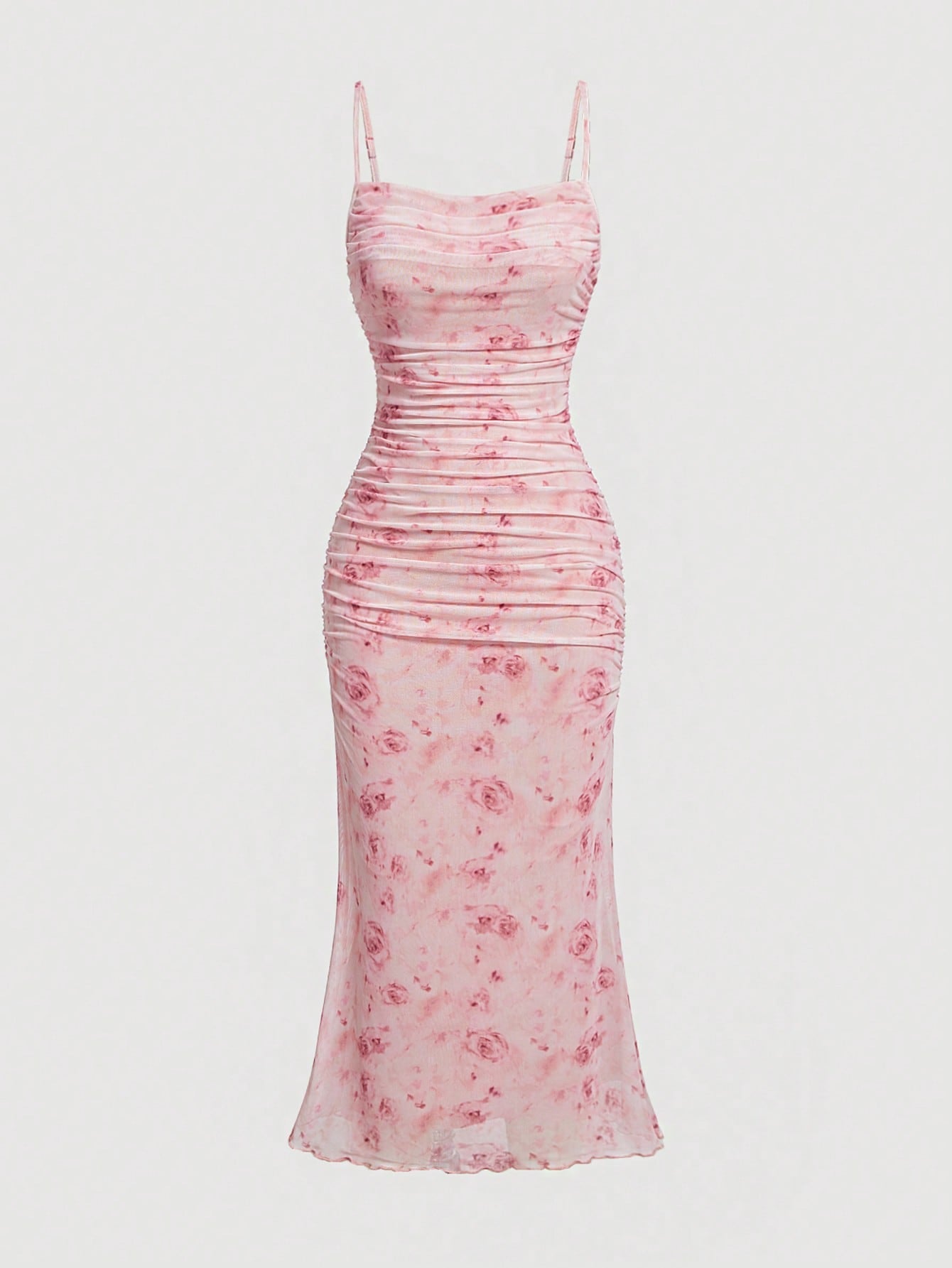 MOD Floral Print Ruched Lettuce Trim Mesh Slim Fit Valentine Day Pink Cami Dress,Summer Dresses for Women