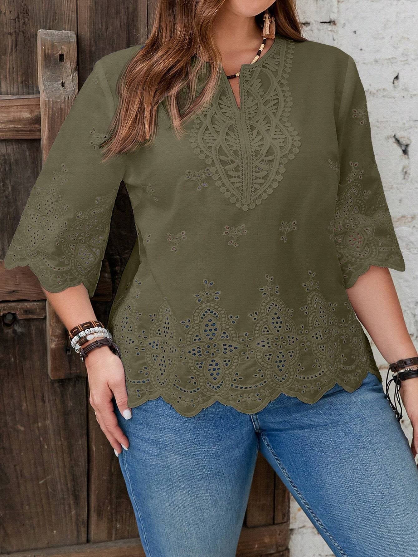 EMERY ROSE plus Size Summer Eyelet Embroidery Blouse