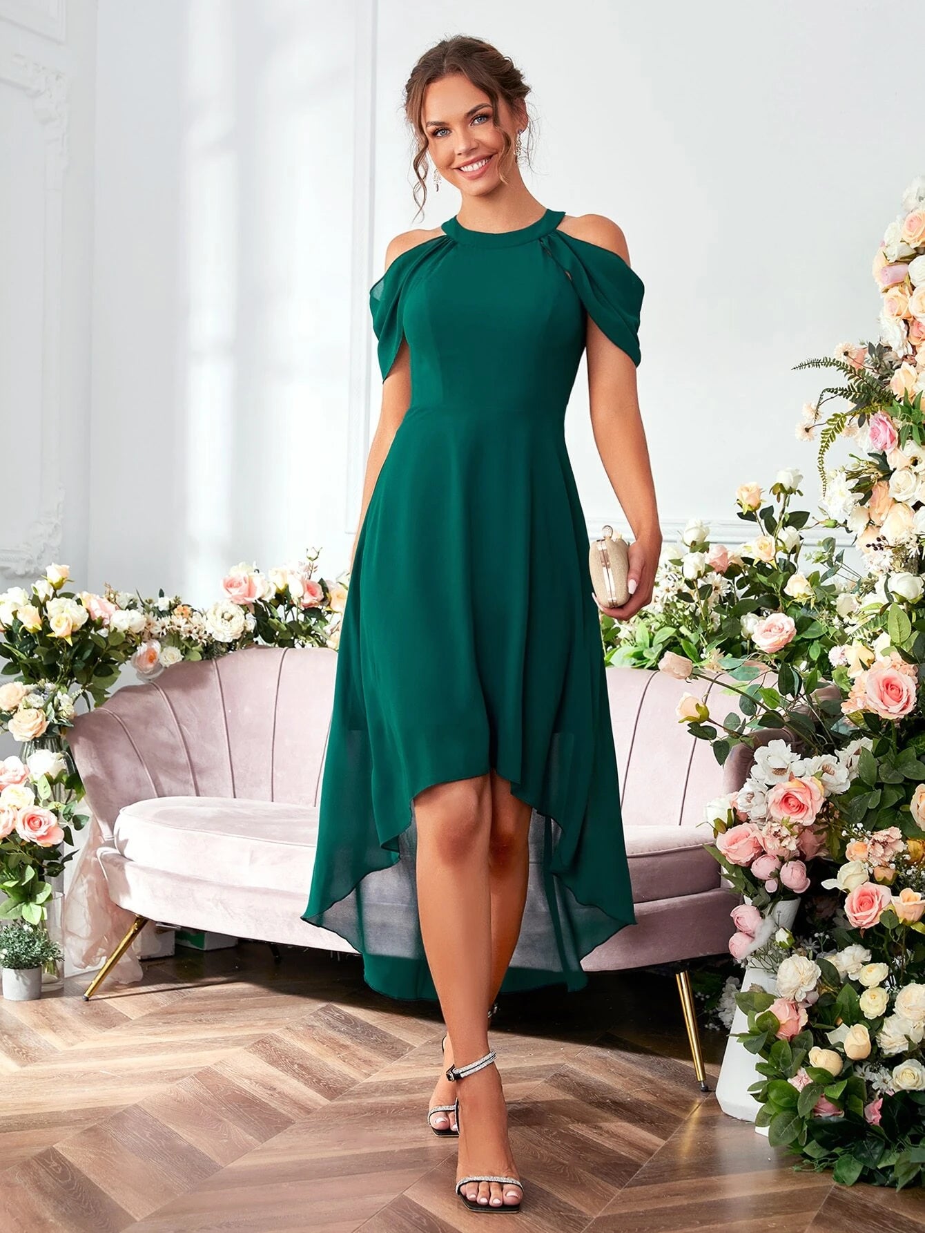 Belle Cold Shoulder High Low Hem Chiffon Bridesmaid Dress, Semi Formal Dress Elegant Dress for Christmas