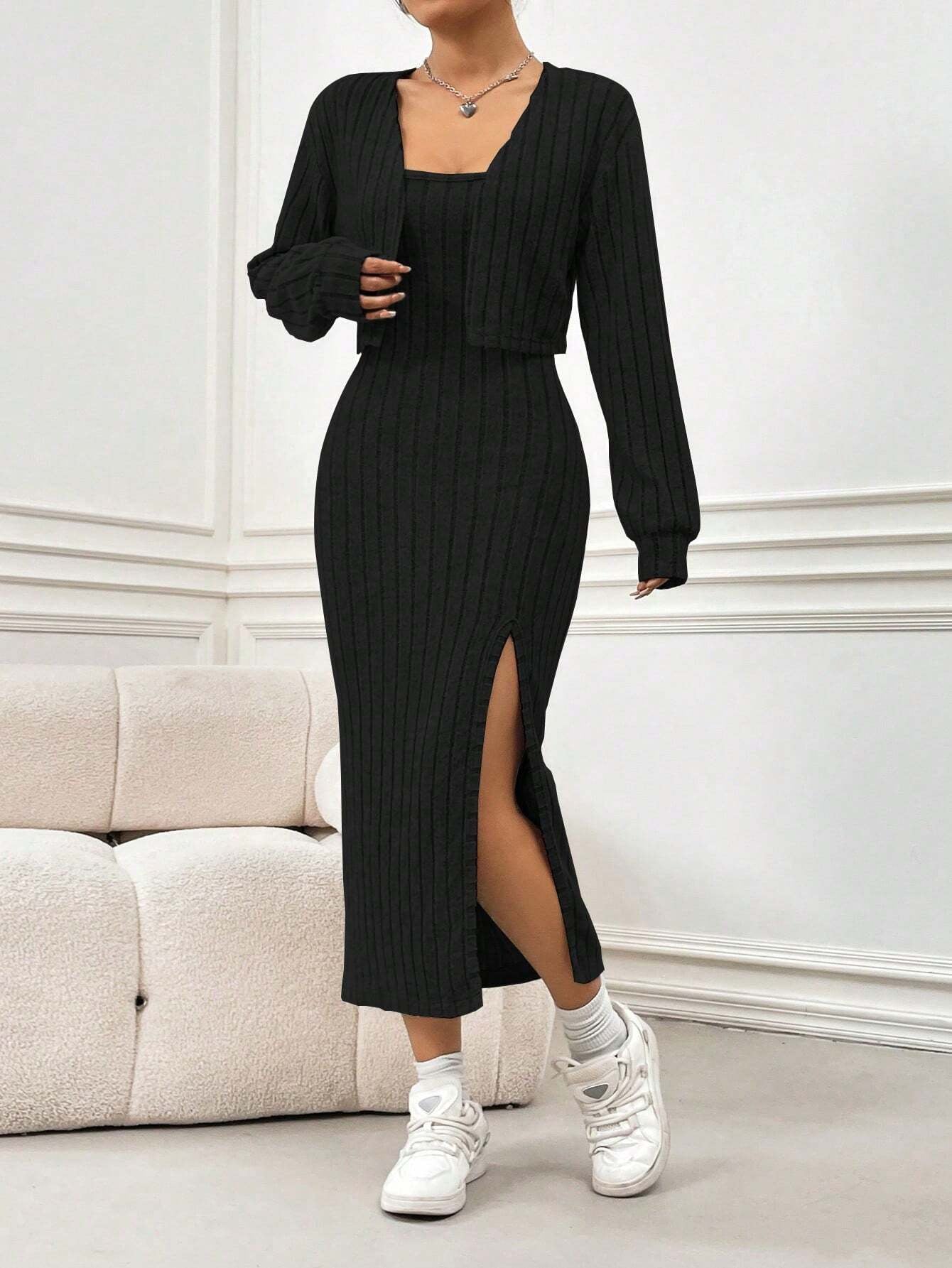 Flirla Fleece Casual Simple Spaghetti Strap Dress and Coat