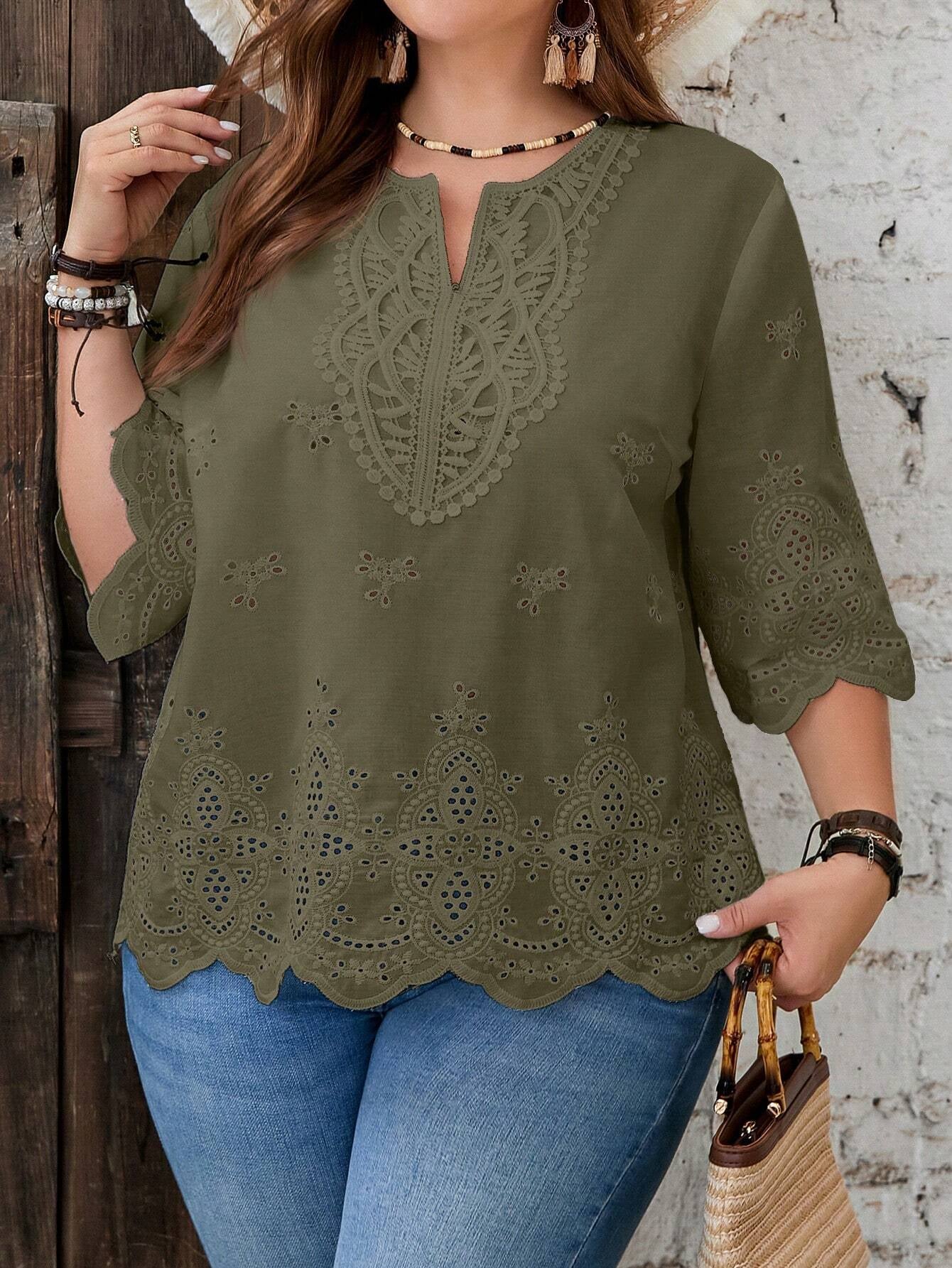 EMERY ROSE plus Size Summer Eyelet Embroidery Blouse