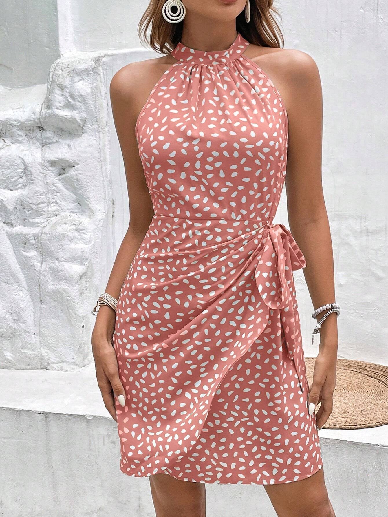 Frenchy Women'S Summer Allover Print Sleeveless Halter Dress Teacher Clothes Old Money Style Elegant Dress