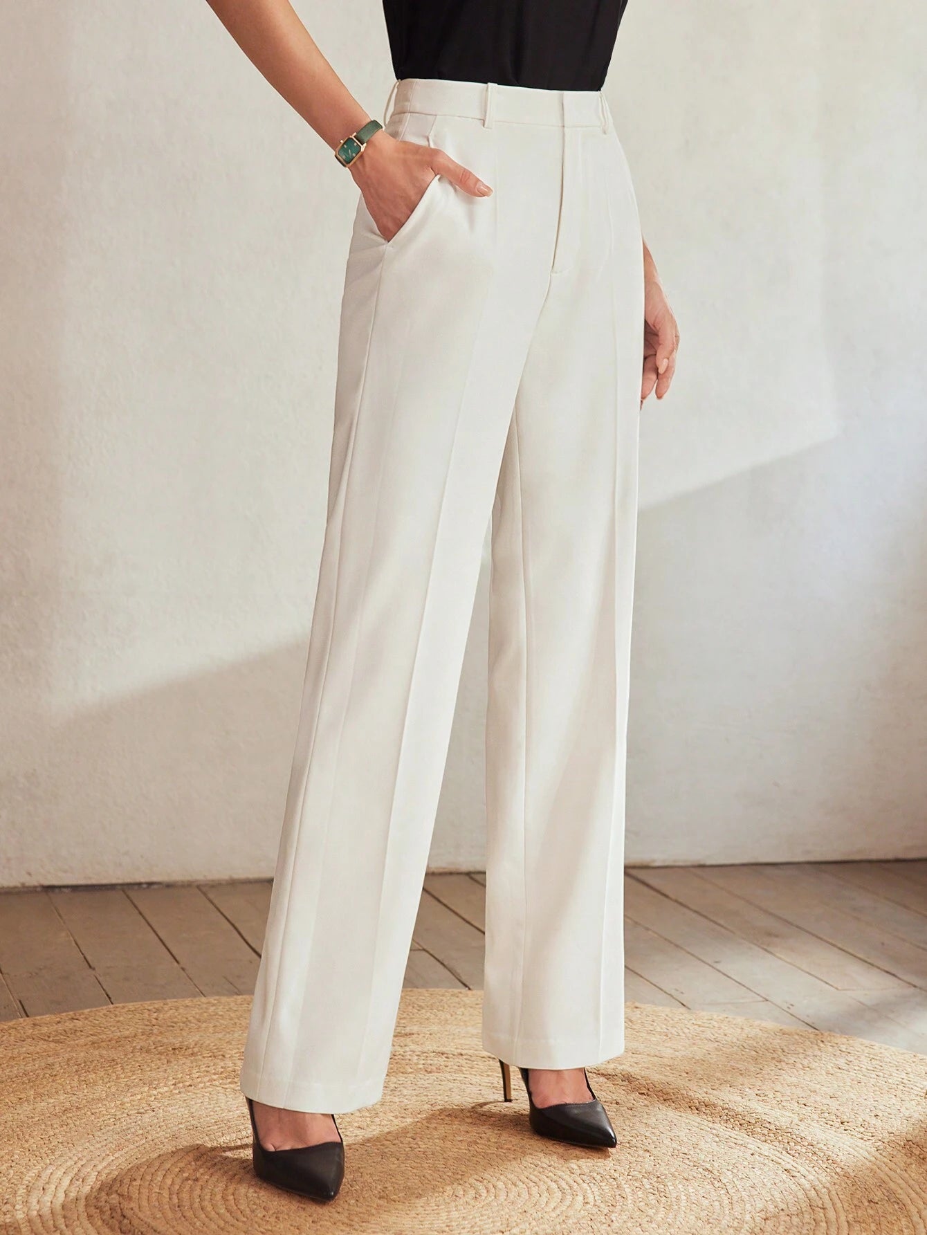 MOTF Classy SOLID SLANT POCKET SEAM FRONT SUIT PANTS,TAILORED PANTS