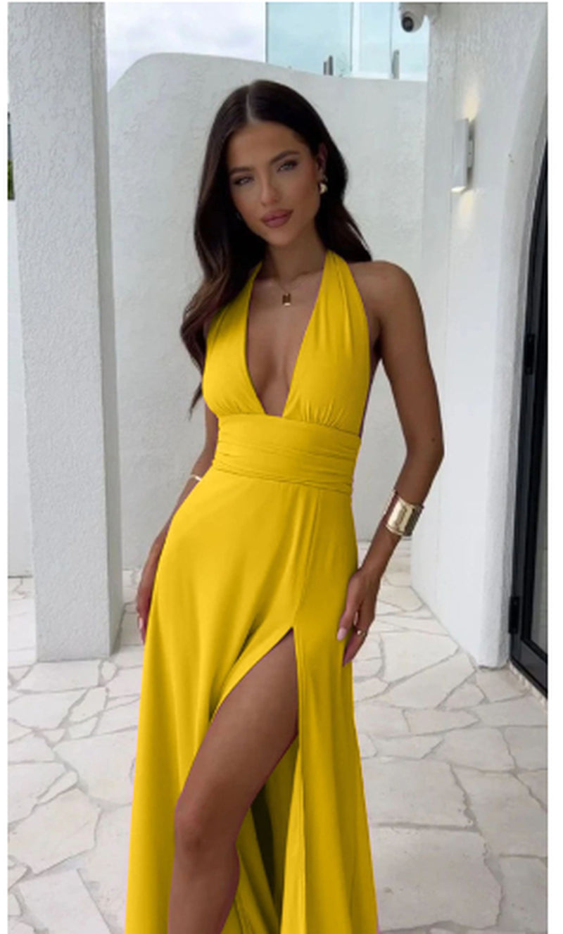 Sexy Halterneck V-Neck Slit Dress Summer Backless Strappy Skirt Fashion Temperament Clothing Women