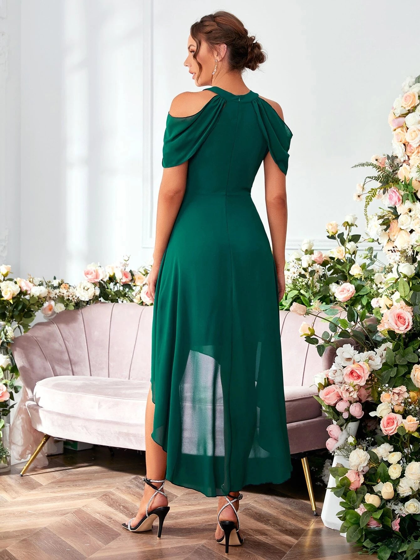 Belle Cold Shoulder High Low Hem Chiffon Bridesmaid Dress, Semi Formal Dress Elegant Dress for Christmas