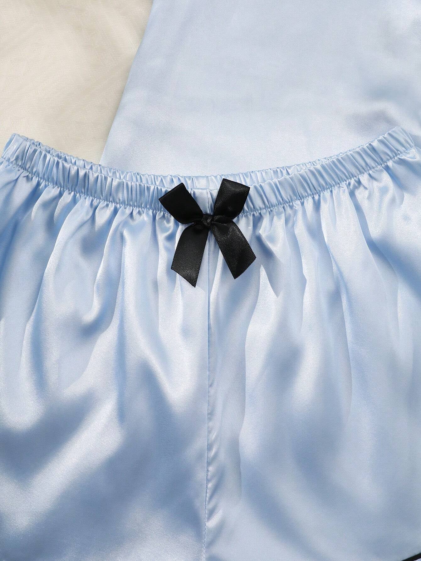 2Pcs/Set Women'S Bow Embroidered Satin Summer Pajama Set, Short Sleeve Button-Down Shirt and Shorts, Casual Loungewear for Summer.,Two Piece Set