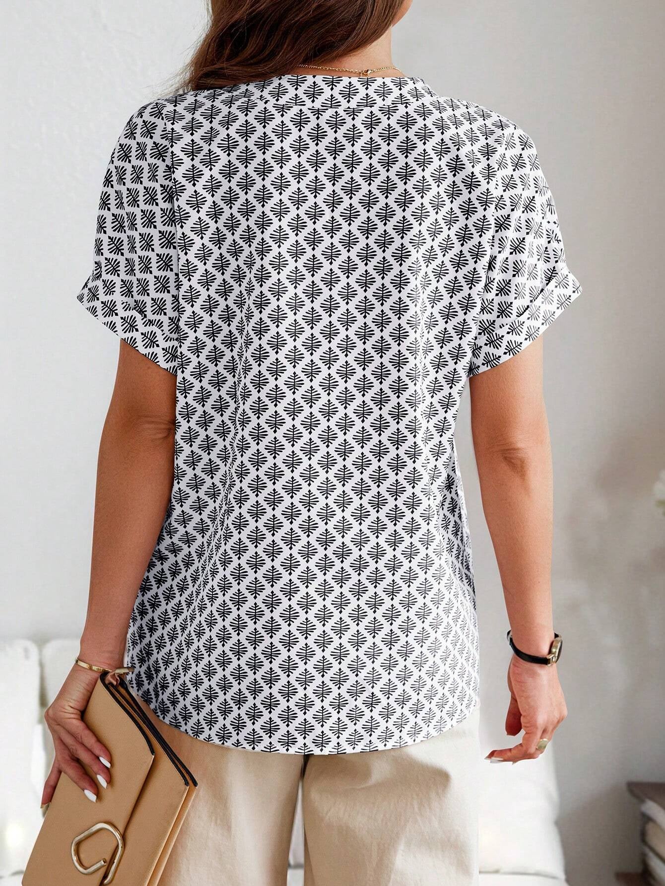 Rafferiza Summer Casual Allover Print Notched Neck Batwing Sleeve Shirt