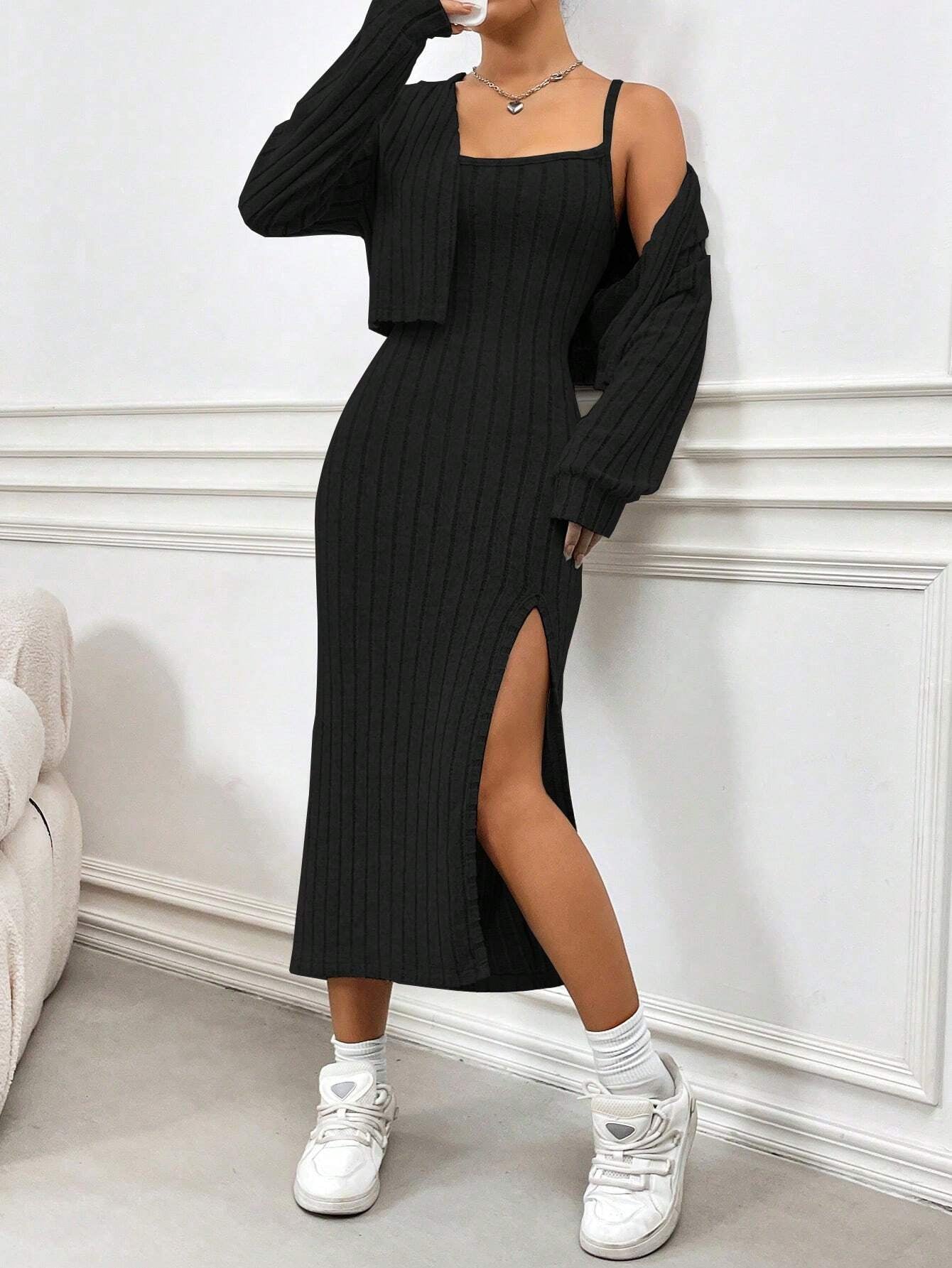 Flirla Fleece Casual Simple Spaghetti Strap Dress and Coat