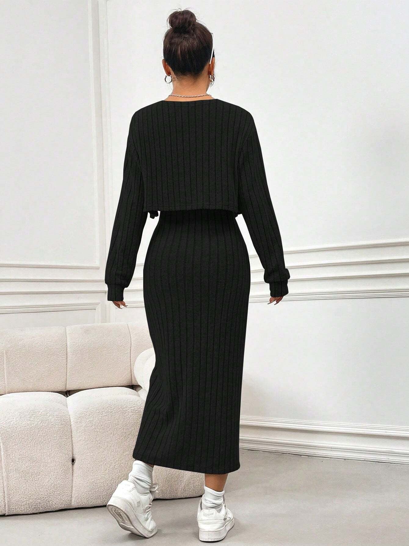Flirla Fleece Casual Simple Spaghetti Strap Dress and Coat