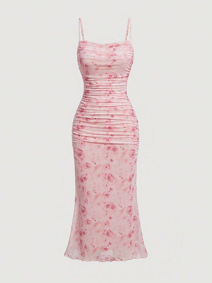MOD Floral Print Ruched Lettuce Trim Mesh Slim Fit Valentine Day Pink Cami Dress,Summer Dresses for Women