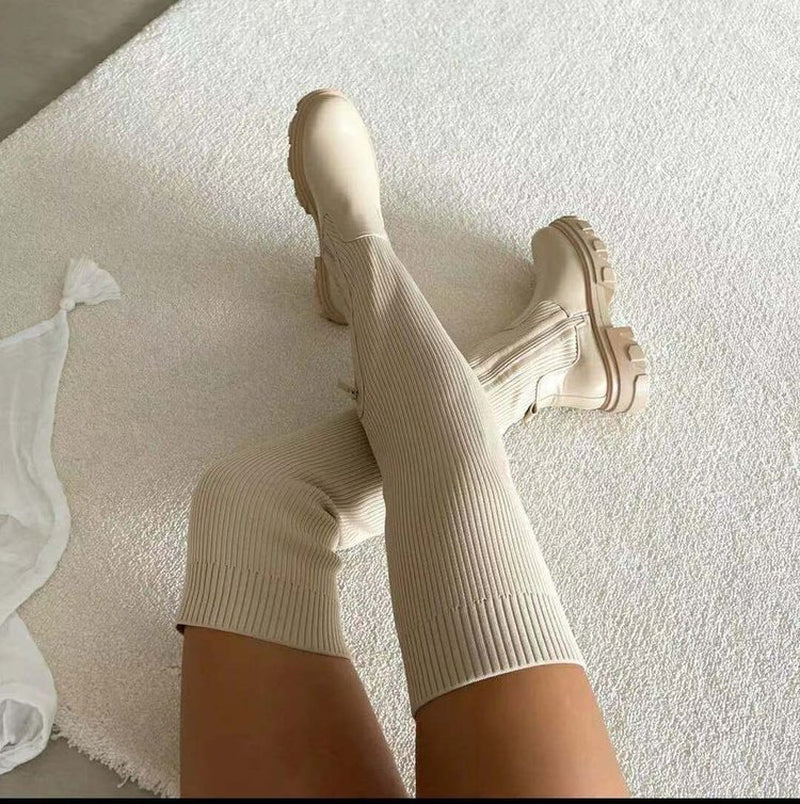 Women'S New Over-The-Knee round Toe Pure Color Flying Knit Socks Boots