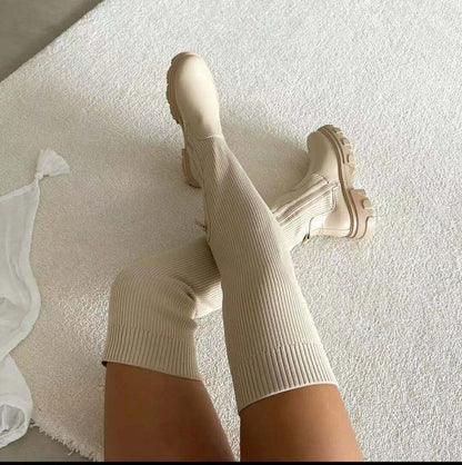 Women'S New Over-The-Knee round Toe Pure Color Flying Knit Socks Boots