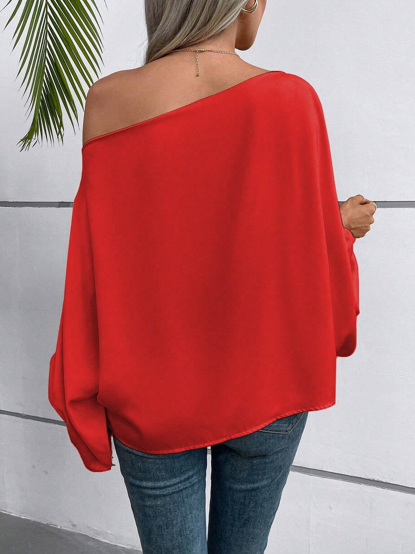 EMERY ROSE Asymmetric Neckline Lantern Sleeve Blouse for New Year Clothes One Shoulder Top