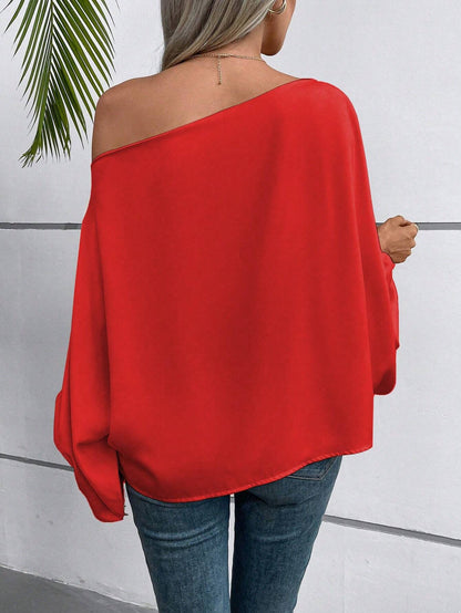 EMERY ROSE Asymmetric Neckline Lantern Sleeve Blouse for New Year Clothes One Shoulder Top