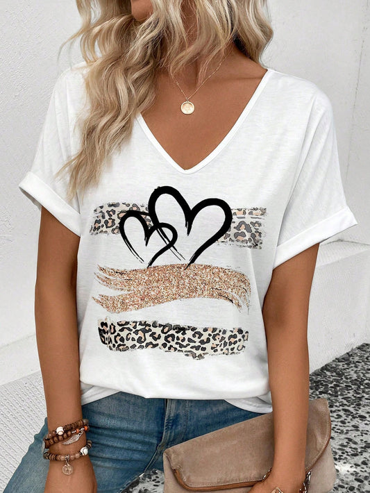 INAWLY Leopard Heart Printed T-Shirt Graphic Cheetah Print Tees Women Tops