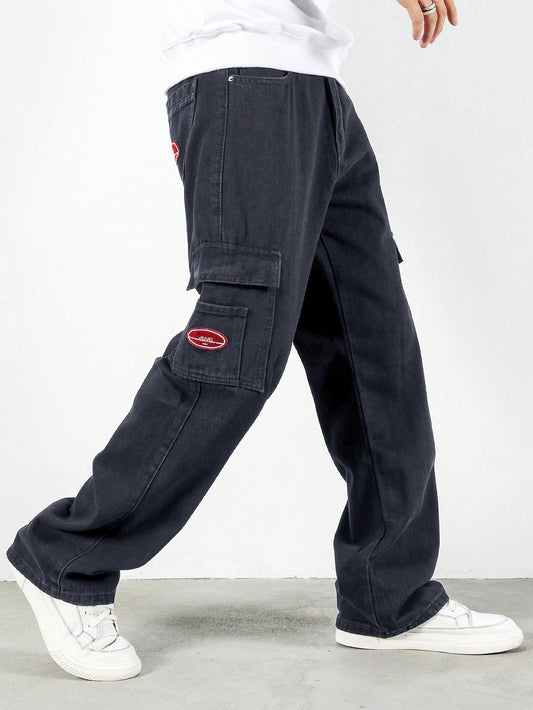 Manfinity EMRG Men Letter Embroidery Flap Pocket Side Cargo Jeans