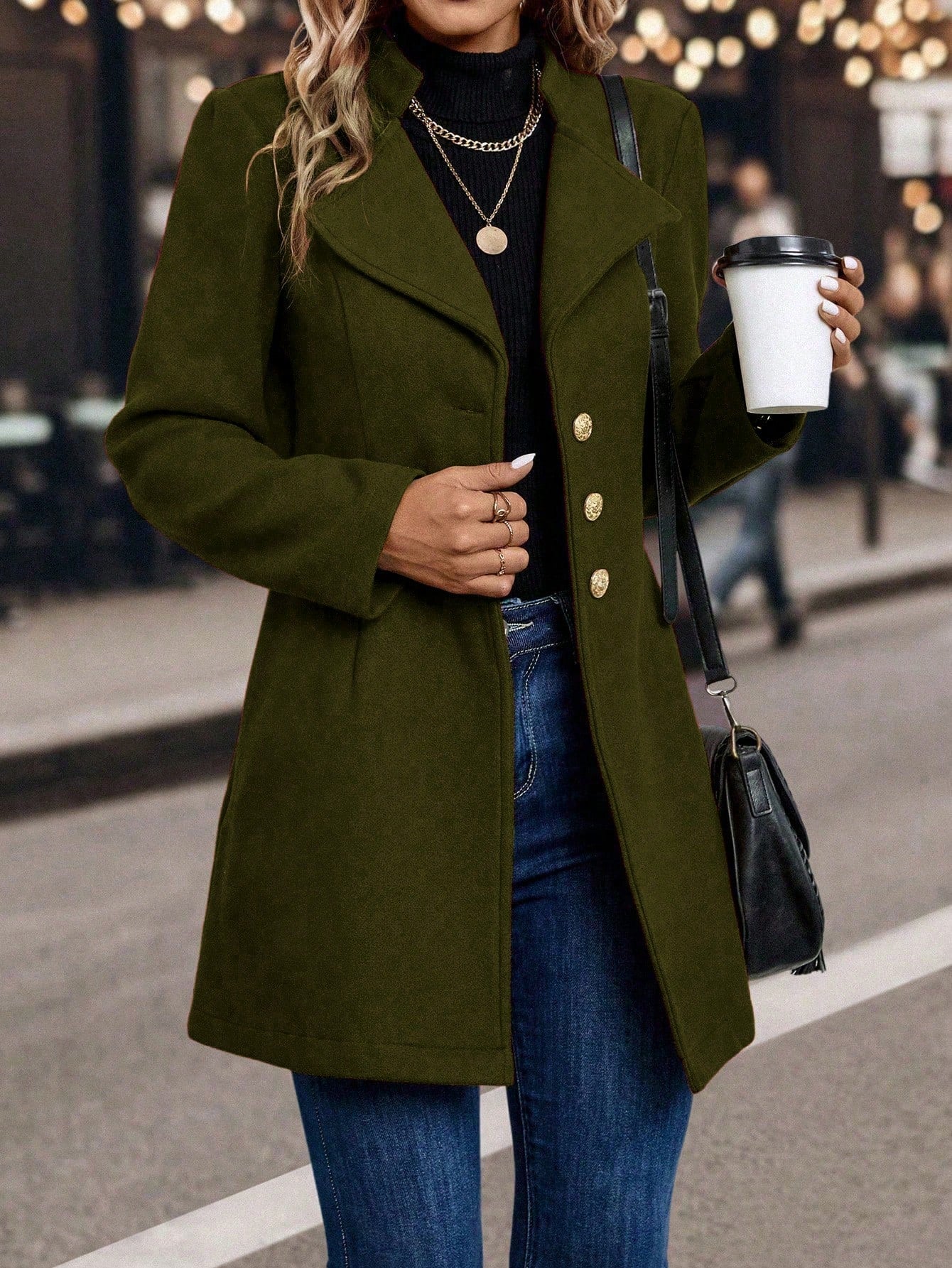LUNE Solid Color Woolen Coat with Single Breasted Button