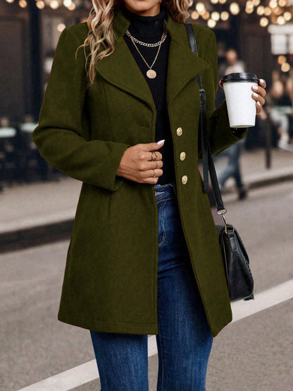 LUNE Solid Color Woolen Coat with Single Breasted Button