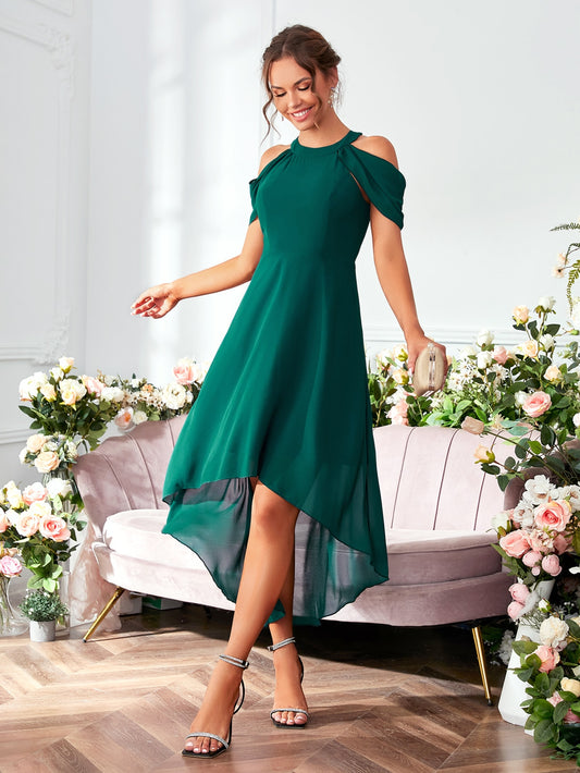 Belle Cold Shoulder High Low Hem Chiffon Bridesmaid Dress, Semi Formal Dress Elegant Dress for Christmas