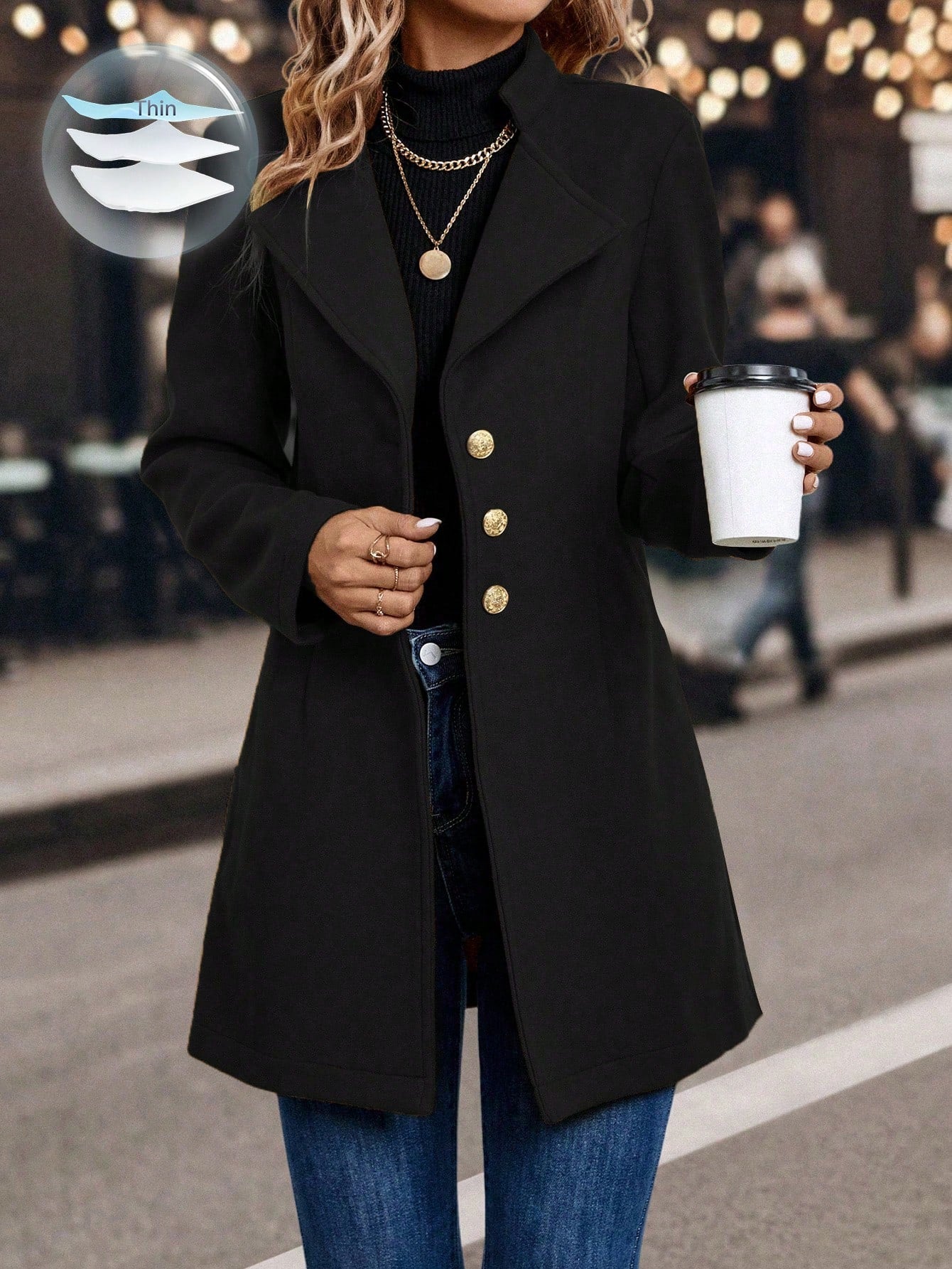 LUNE Solid Color Woolen Coat with Single Breasted Button