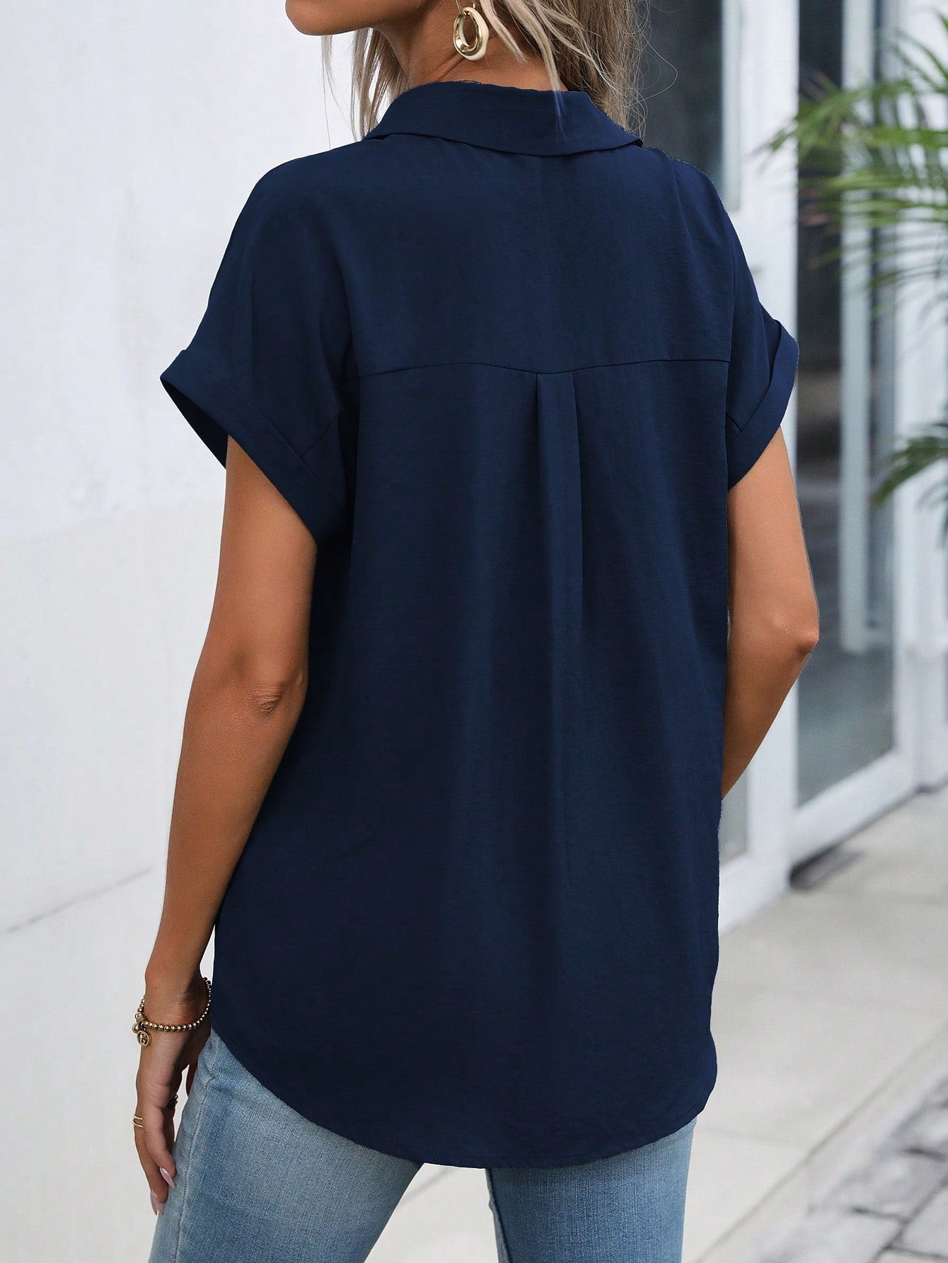 LUNE Solid Batwing Sleeve Shirt,Short Sleeve Tops
