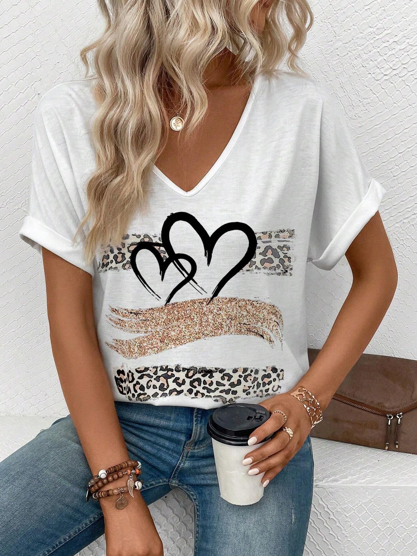 INAWLY Leopard Heart Printed T-Shirt Graphic Cheetah Print Tees Women Tops