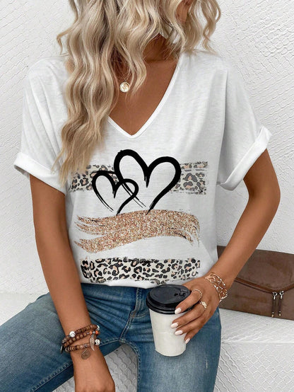 INAWLY Leopard Heart Printed T-Shirt Graphic Cheetah Print Tees Women Tops
