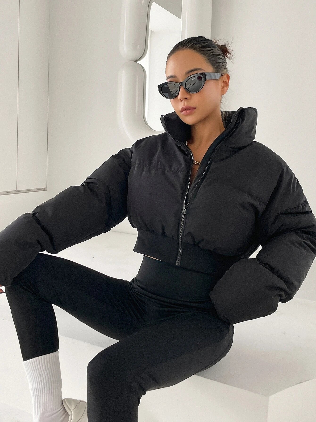 DAZY Drop Shoulder Zipper Puffer Thick Pockets Coat ,Winter Women Clothes,Winter Coat Women