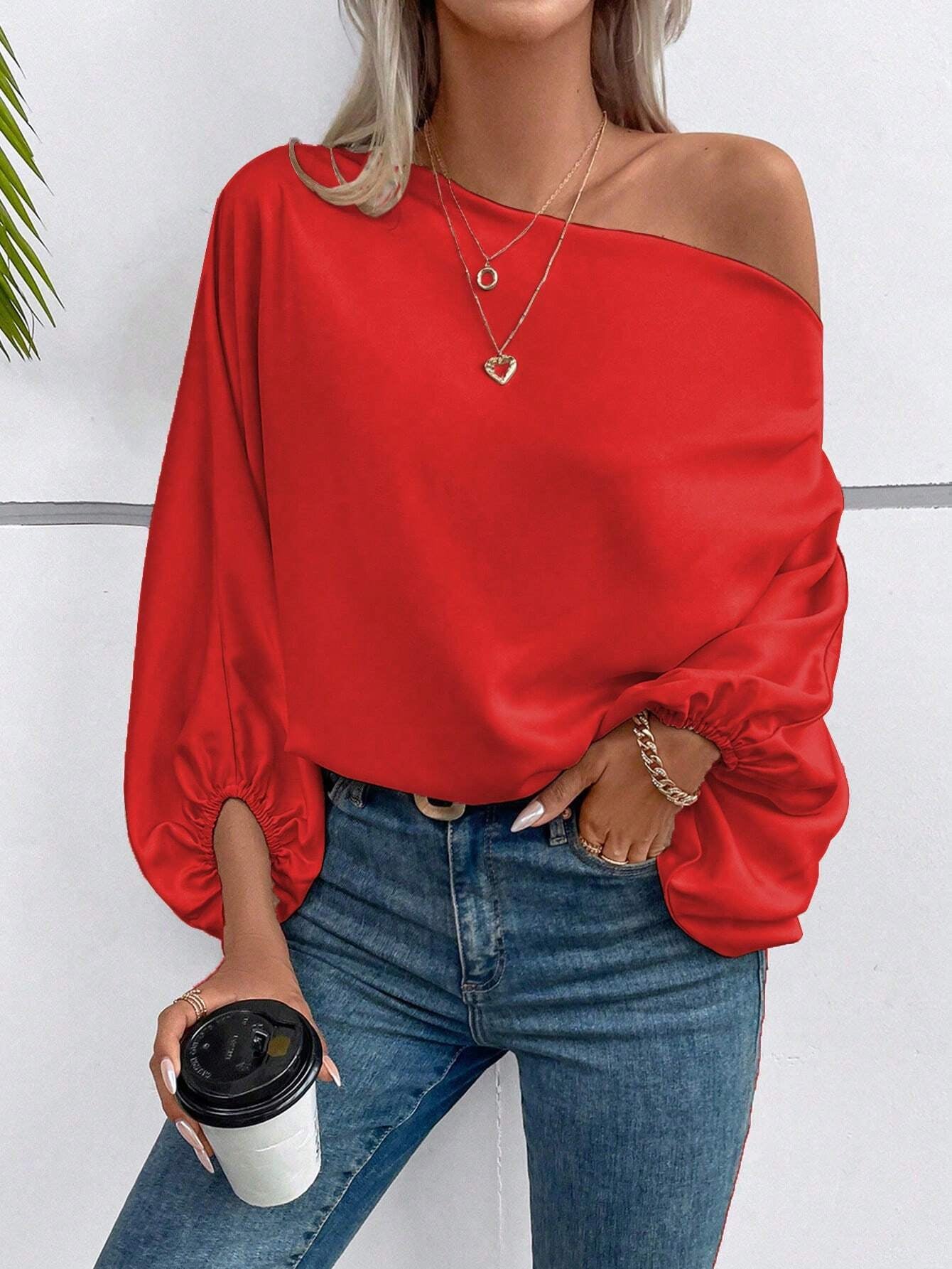 EMERY ROSE Asymmetric Neckline Lantern Sleeve Blouse for New Year Clothes One Shoulder Top