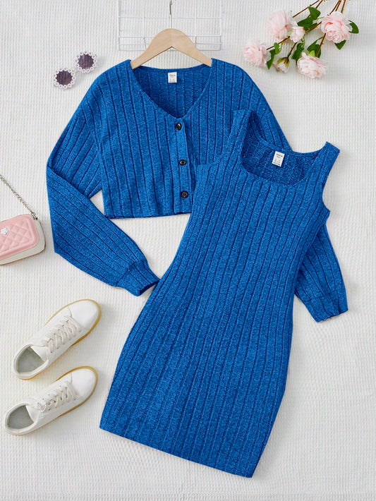 2Pcs Teen Girls' Ribbed Knit Crew Neck Long Sleeve Cardigan Dress Set, Casual Vacation