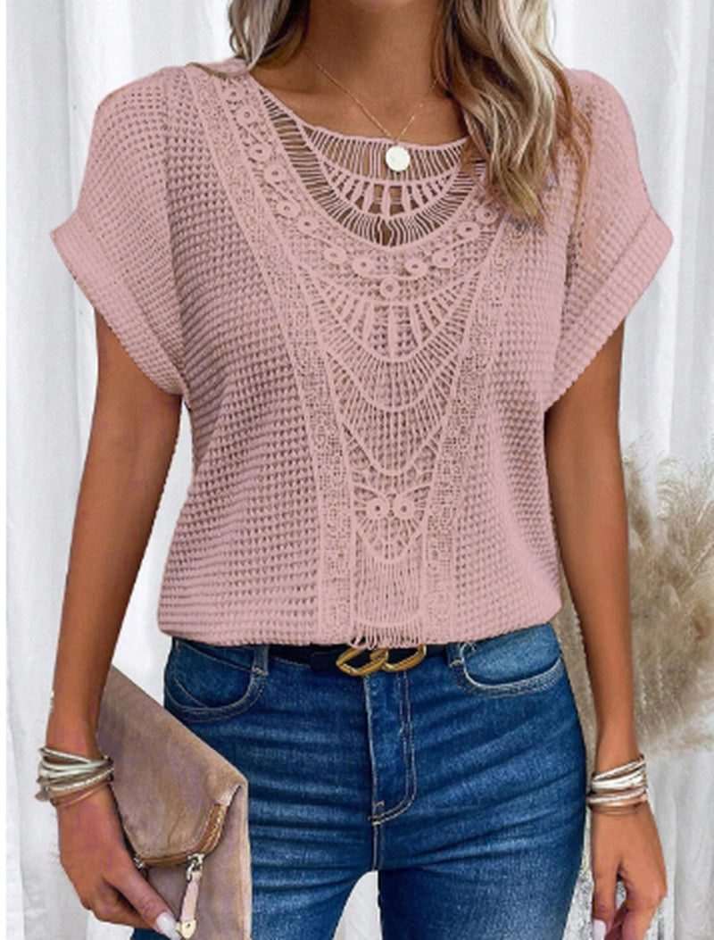 Summer Hollow Out Short-Sleeved T-Shirt Fashion Ethnic Style Tops Women'S Clothing