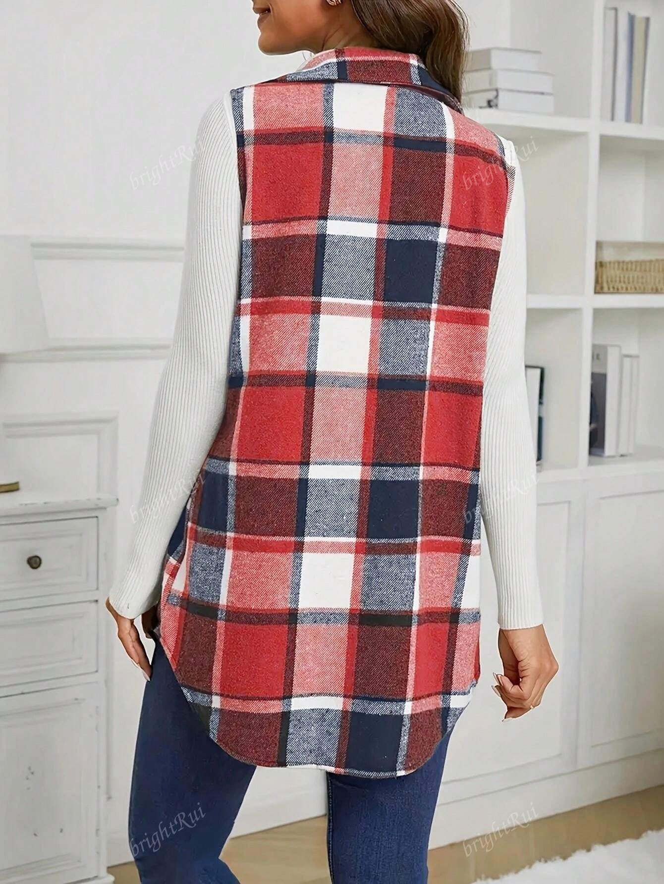 Check Print Sleeveless Jacket with Flap Details