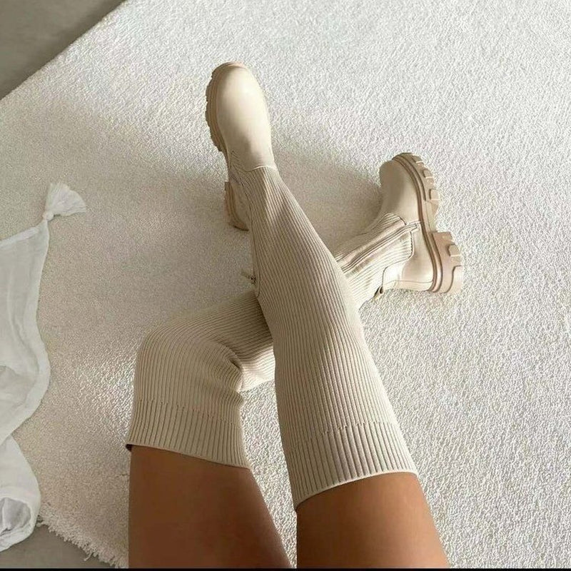 Women'S New Over-The-Knee round Toe Pure Color Flying Knit Socks Boots