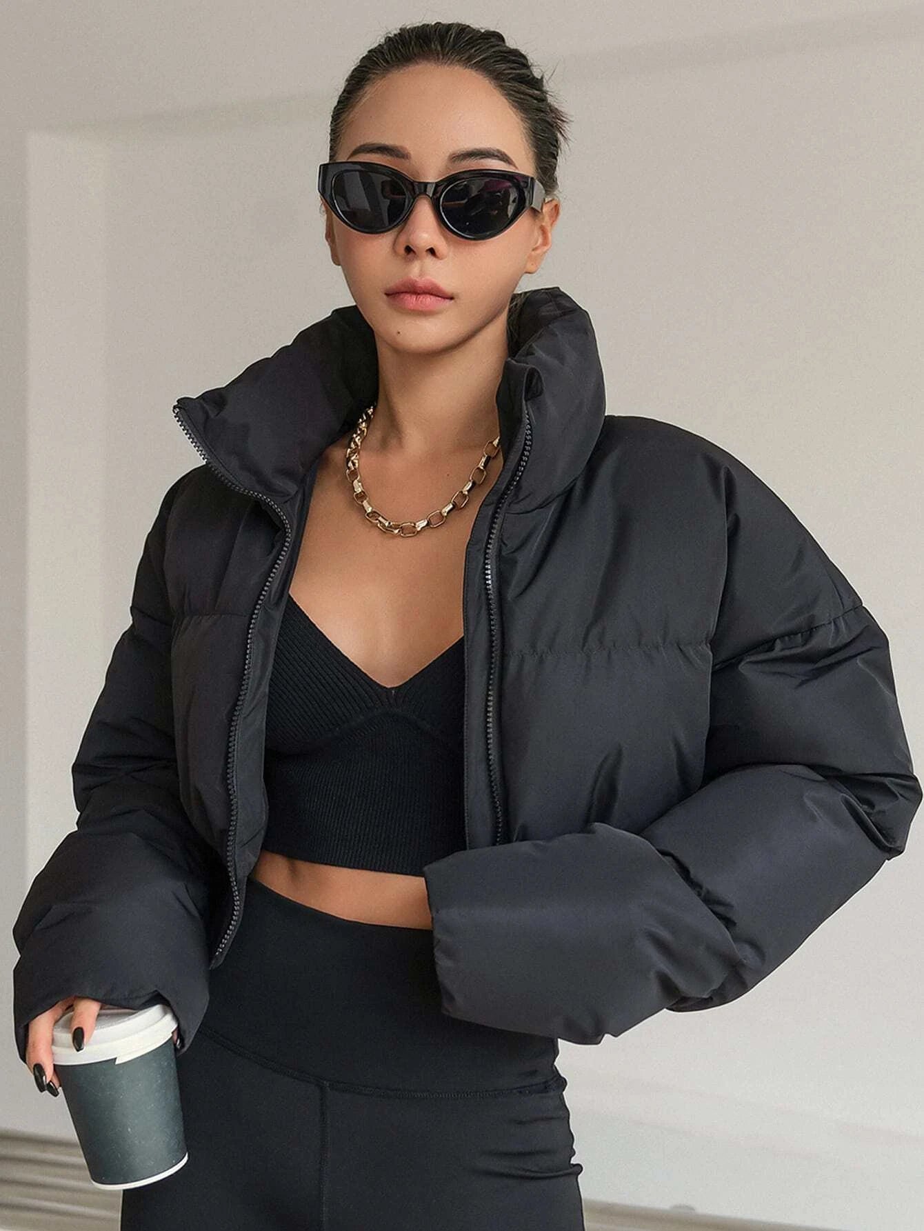 DAZY Drop Shoulder Zipper Puffer Thick Pockets Coat ,Winter Women Clothes,Winter Coat Women