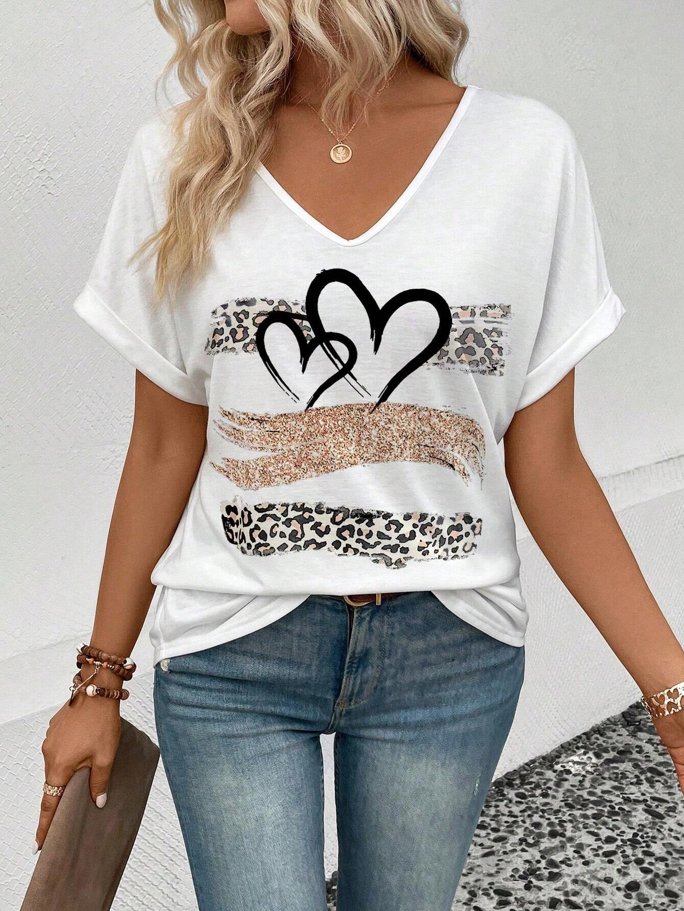 INAWLY Leopard Heart Printed T-Shirt Graphic Cheetah Print Tees Women Tops