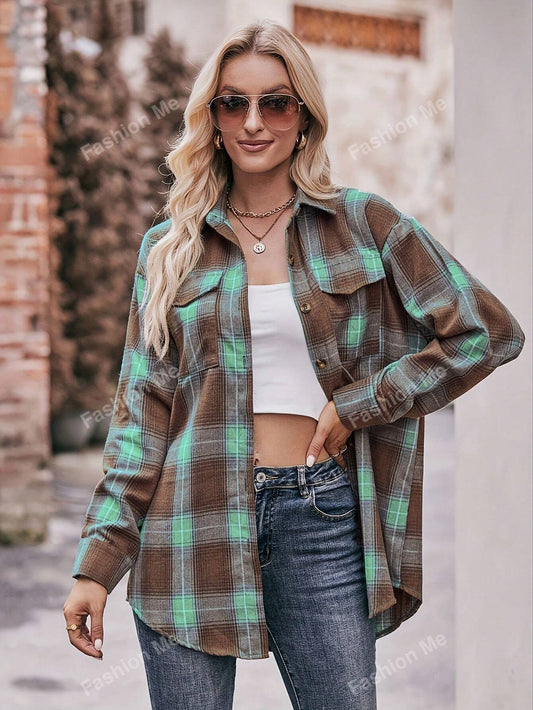 Loose-Fitting Vintage Plaid Blouse for Women'S Casual Wear,Long Sleeve Tops
