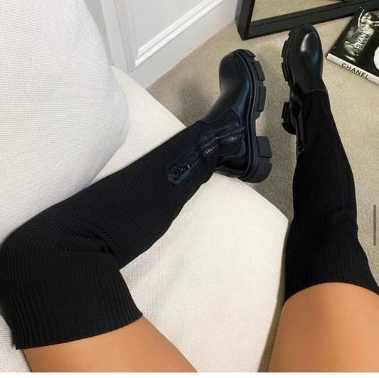 Women'S New Over-The-Knee round Toe Pure Color Flying Knit Socks Boots