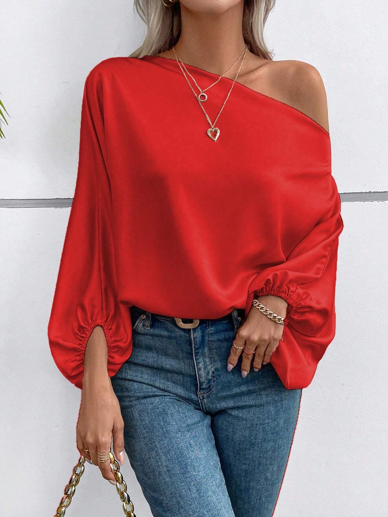 EMERY ROSE Asymmetric Neckline Lantern Sleeve Blouse for New Year Clothes One Shoulder Top