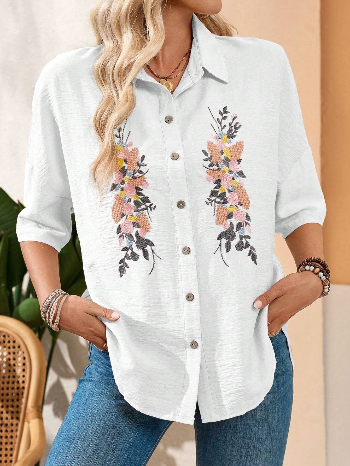 EMERY ROSE Floral Embroidered Women'S Linen Casual Summer Blouse Shirt